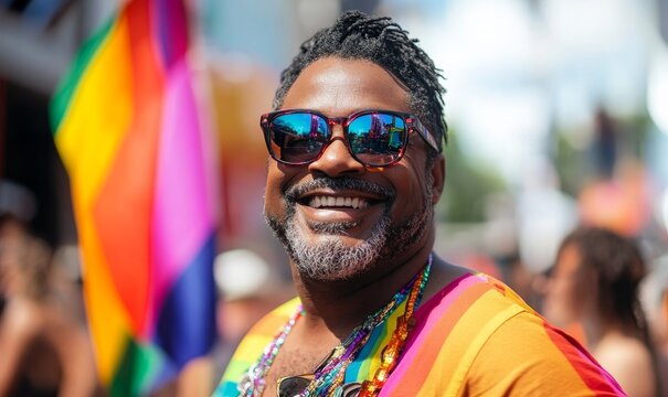 Mature plus-size Black African American man celebrating the gay pride festival with rainbow flags, showcasing love and inclusivity during a summer parade, Generative AI