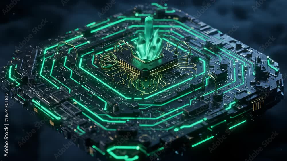 Poster cybernetic core: a futuristic depiction of a central processing unit pulses with glowing energy, sig