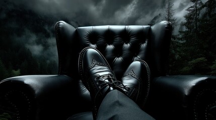 A person relaxing in a black leather armchair in a dark, moody forest setting