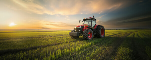 tractor standing at green agricultural field