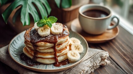 A delicious stack of fluffy pancakes drizzled with chocolate sauce, adorned with banana slices and mint, accompanied by a cup of coffee on a rustic wooden table.
