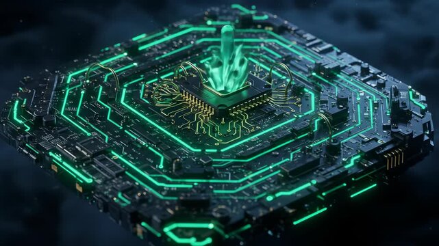 Cybernetic Core: A futuristic depiction of a central processing unit pulses with glowing energy, signifying cutting-edge technology and the digital age.