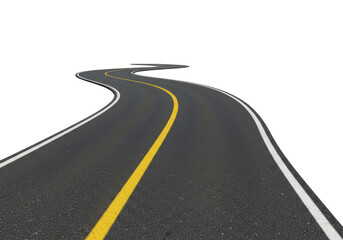 Isolated asphalt road with crisp yellow solid line and white dashed line, gently curving upwards, on a transparent studio background with copy space, clean concept of a journey or future path