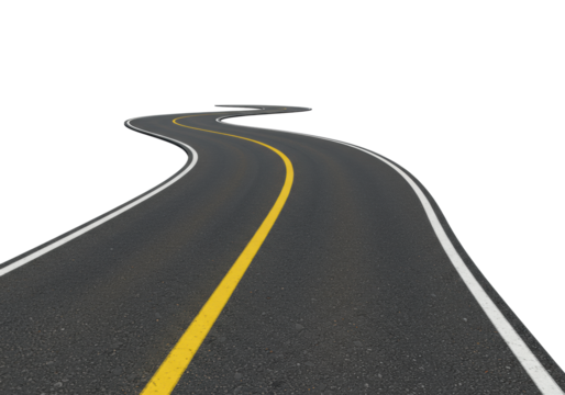 Isolated asphalt road with crisp yellow solid line and white dashed line, gently curving upwards, on a transparent studio background with copy space, clean concept of a journey or future path