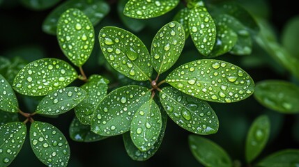 Fototapeta premium Close-up of vibrant green leaves, glistening with dew drops