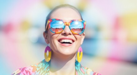Smiling woman with bright sunglasses & colorful clothing