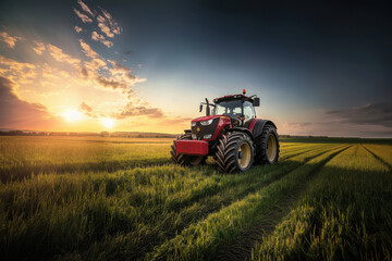 tractor standing at green agricultural field
