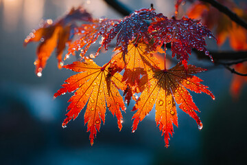 Colorful maple leaves hanging on branches in fall