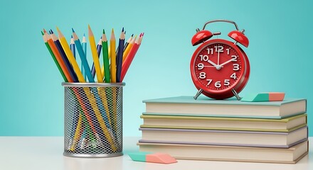 Colored pencils in a holder a red alarm clock and stacked books on a table