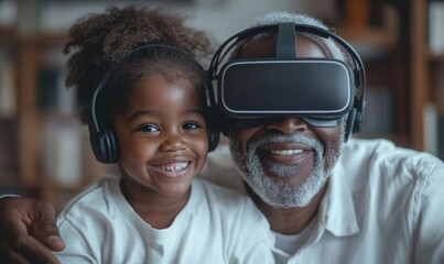 Black African American grandfather and grandchild VR gaming with headsets, symbolizing family bonding and the shared experience of virtual reality play, Generative AI