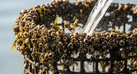 Close up view of barnacle encrusted basket with flowing water and seaweed by the ocean shoreline