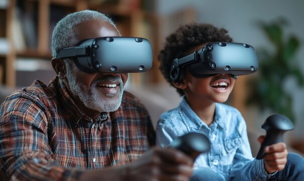 Black African American grandfather and grandchild VR gaming with headsets, symbolizing family bonding and the shared experience of virtual reality play, Generative AI