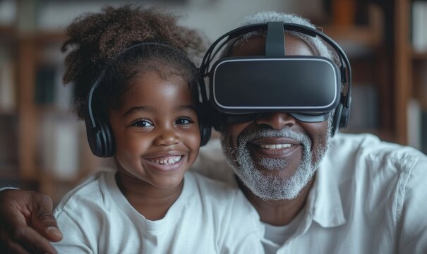 Black African American grandfather and grandchild VR gaming with headsets, symbolizing family bonding and the shared experience of virtual reality play, Generative AI