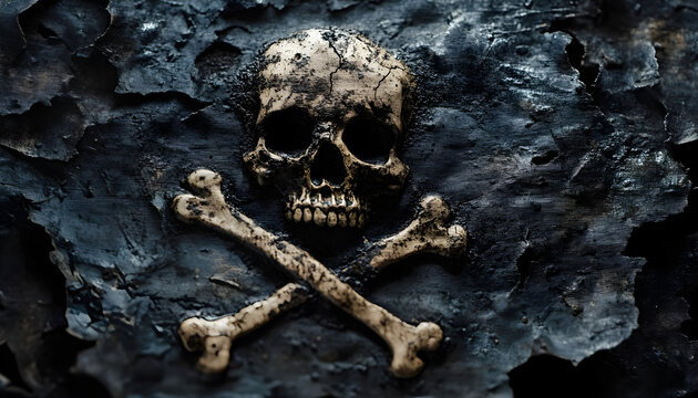 Close-up of weathered pirate flag with skull crossbones design. Symbol of danger, piracy, adventure. Tattered, dark, gothic, historical flag represents rebellion on nautical maritime ocean theme