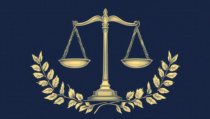 Golden balance scale is elegantly depicted against dark blue background, symbolizing justice and fairness. scale is adorned with laurel branches, enhancing its regal and authoritative appearance