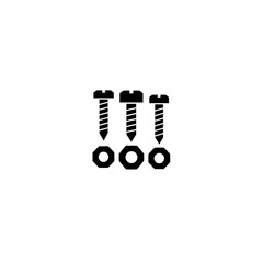 Three black screws with nuts arranged in a row, vector icon for industries, repairing and fixing process. Fasteners for assembling furniture 