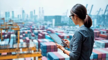 Woman using digital tablet at shipping port with container and crane background, technology and logistics business concept featuring industrial transportation cargo and modern digital interface - Powered by Adobe