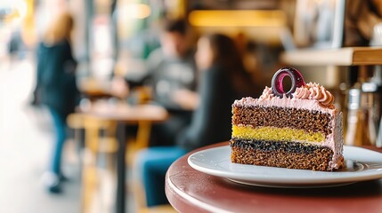 Colorful Rainbow Cake with O-shaped Cream Jelly on White Plate, Red Tablecloth Chinese Restaurant Macro High Resolution
