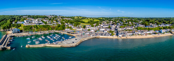 A panorama aerial view in the early morning across the seaside resort of Saundersfoot, South Wales in summertime