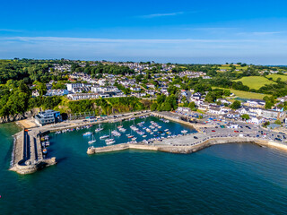 An aerial view in the early morning above the harbour at the seaside resort of Saundersfoot, South...