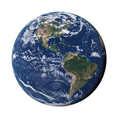Highly detailed spherical Planet Earth with prominently visible North and South America, distinct blue oceans, and intricate white cloud patterns, isolated against a transparent studio background
