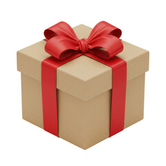 Naklejka premium Perfectly square light brown cardboard gift box with subtle texture, vibrant red satin bow on top, against a transparent studio background with even softbox lighting, presented with crisp edges and