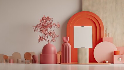 Stylish interior display with various shades of pink and orange.