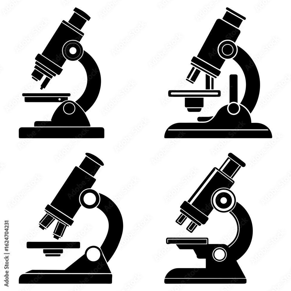Poster four black and white microscope silhouettes arranged in a grid pattern on a white background image