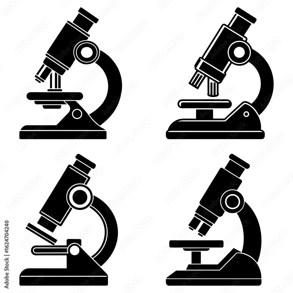 Poster four black and white microscope illustrations arranged in a square pattern on a white background