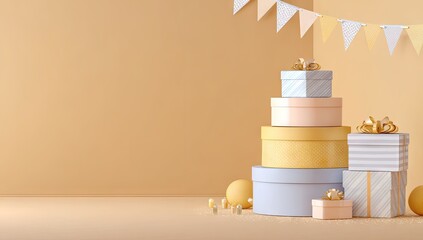 Stack of gift boxes in pastel colors.
