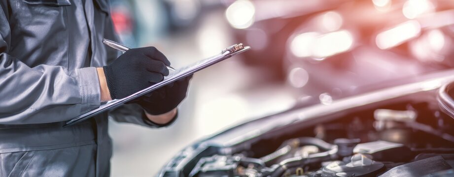 The mechanic conducting an inspection in a busy automotive workshop.