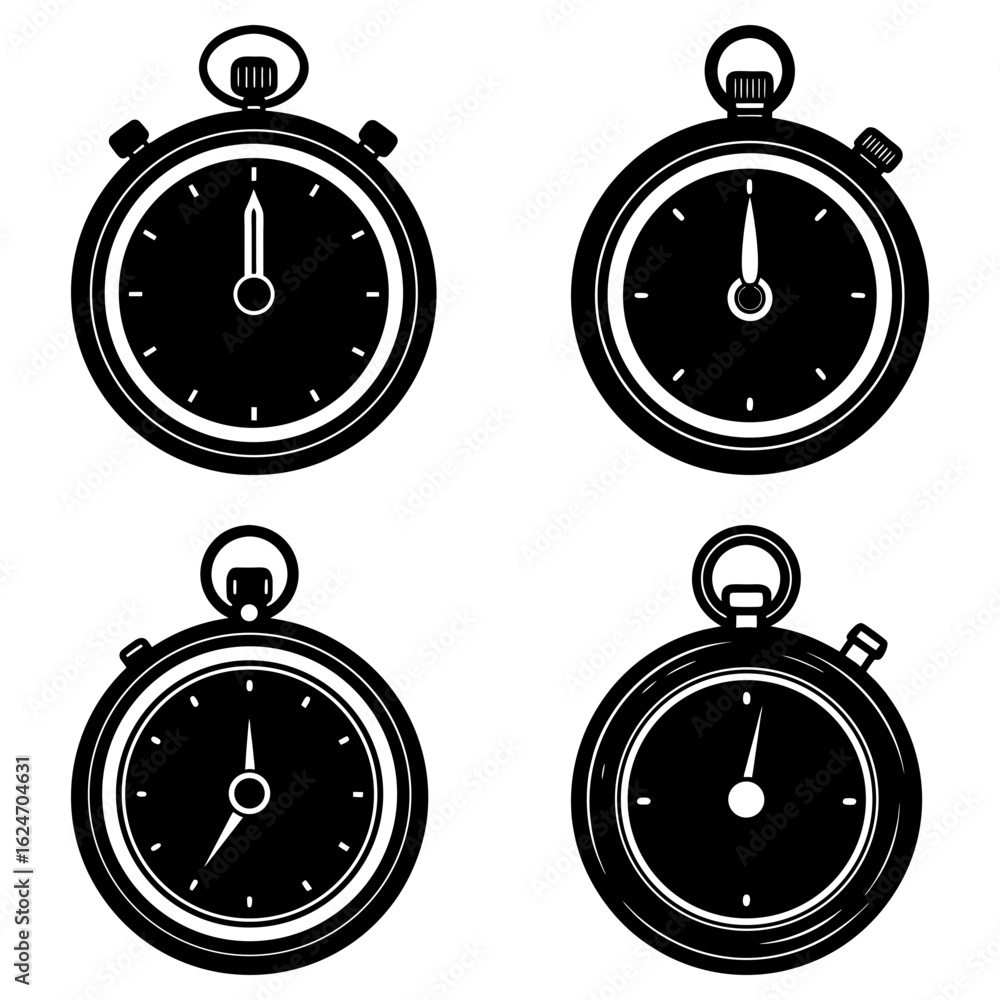 Poster four black and white stopwatch illustrations showing different times in a grid pattern layout design