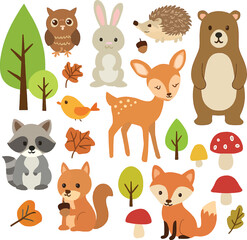 A cute set of funny cartoon animal characters, including a bear, dog, cat, and rabbit, as a vector illustration collection for baby and zoo themes