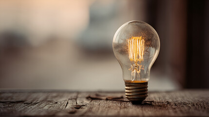 Lit Vintage Edison Bulb with Filament on Wood Surface.