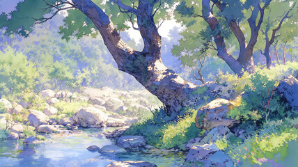 Fototapeta premium 懐かしさを感じる優しい光と緑に包まれた森の中、手描きの質感と淡い色彩が印象的な自然の風景イラスト。癒しやリラクゼーション素材としても最適な構図。
