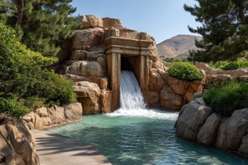 Majestic waterfall cascades through ancient temple ruins into tropical river