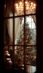  Through a window, a lit Christmas tree and chandelier create a festive and elegant holiday ambiance in a cozy room. Perfect for seasonal decor themes.
