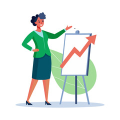 Confident Business Woman Showing Upward Arrow on Board, Symbolizing Growth, Success, Progress, and Financial Achievement in Corporate Environment