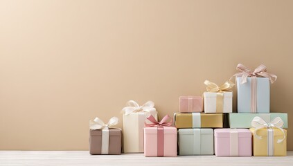 Stacked gift boxes in pastel colors.