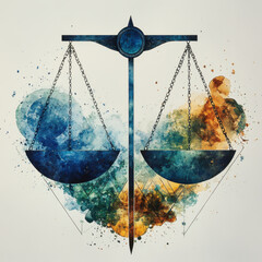 Watercolor illustration of balanced scale symbolizes justice and fairness. vibrant splashes of blue, green, and orange create dynamic and artistic representation