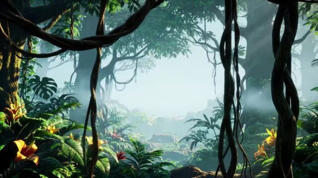 Animated jungle environment with lush greenery and swinging vines for side-scrolling games