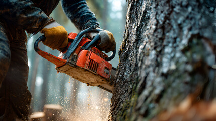 Lumberjack Cutting Tree with Orange Chainsaw in Forest.