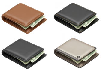 Photo of a group of four stylish leather wallets with dollar bills inside, isolated on transparent background