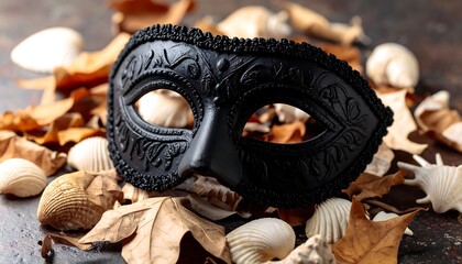 Black masquerade mask among autumn leaves and seashells