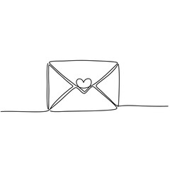 Continuous black line style vector of envelope with letter or message and heart symbol. St. Valentine's day and love letters concept. Dates and romantic notes