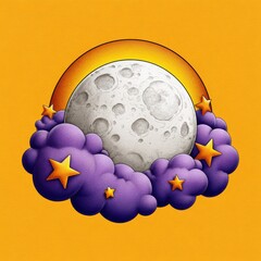 Whimsical moon and stars emerging from purple clouds under a rainbow