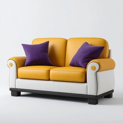 Modern yellow and white two seater sofa with purple cushions