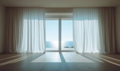 Empty room in a luxury summer beach house with a sea view behind curtains, symbolizing minimalistic design and quiet luxury with natural aesthetics, Generative AI
