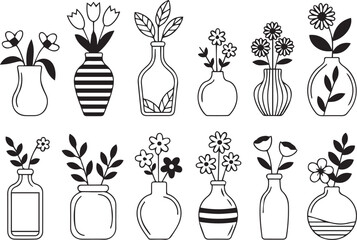 modern flower base line art set outline floral bouquet vases illustration minimalist hand drawn vector artwork