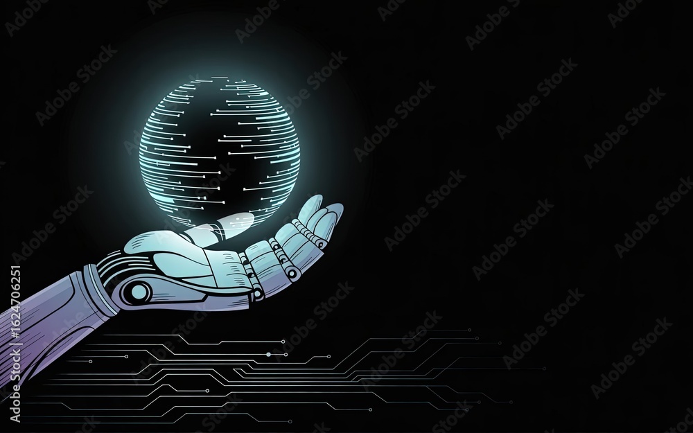Aufkleber digital embrace: a sleek robotic hand delicately cradles a glowing digital globe, its circuits mirro
